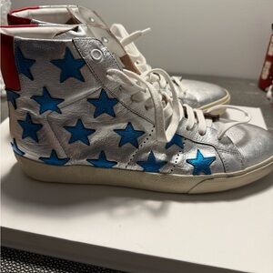 Saint Laurent Silver and Blue Star High-Top Sneakers